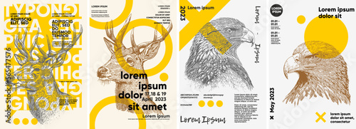 Deer, eagle. Wild animals. Engraving style. Typography posters design. Simple pencil drawing. Set of flat vector illustrations. Print, banner, label, cover or t-shirt.