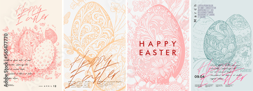 Happy Easter. Easter eggs with patterns. Set of flat vector illustrations.