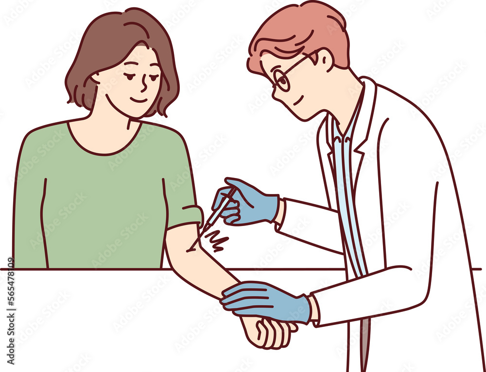 Doctor inoculates girl patient designed to protect against virus and develop immunity. Vector image Doctor inoculates girl patient designed to protect against virus and develop immunity. Vector image