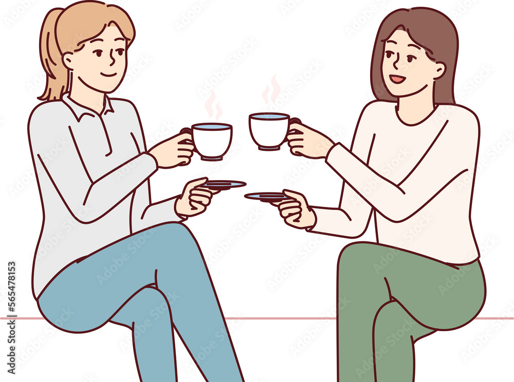 Two girl friends drink hot coffee holding cups and saucers enjoy joint coffeebreak. Vector image