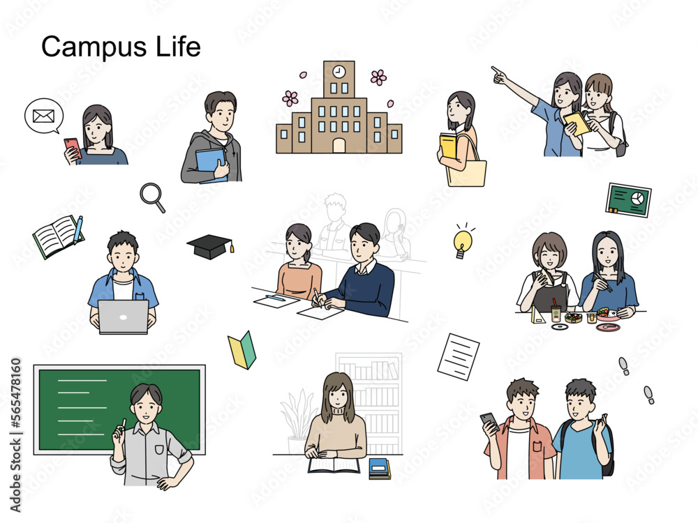 キャンパスライフ 大学生のイラストセット キャンパスライフ 大学生のイラストセット