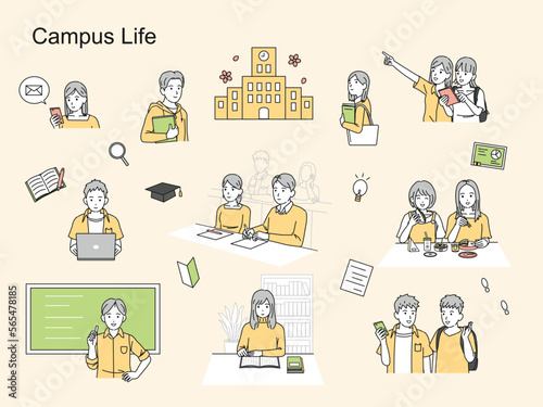 キャンパスライフ　大学生のイラストセット