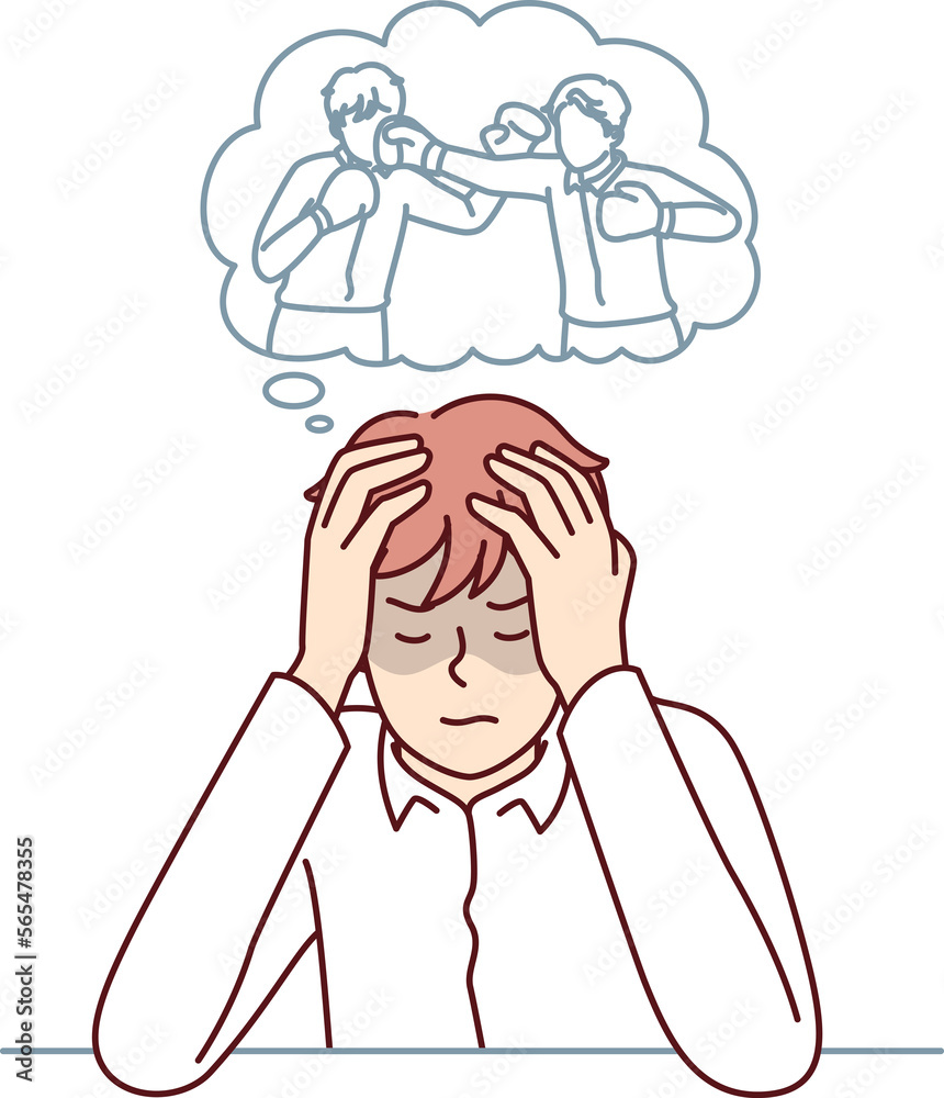 Young man sitting at table closing eyes imagines participates in boxing match in ring. Vector image Young man sitting at table closing eyes imagines participates in boxing match in ring. Vector image