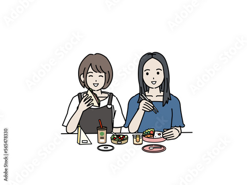 ランチを食べる若い女性のイラスト　大学生　女子大生