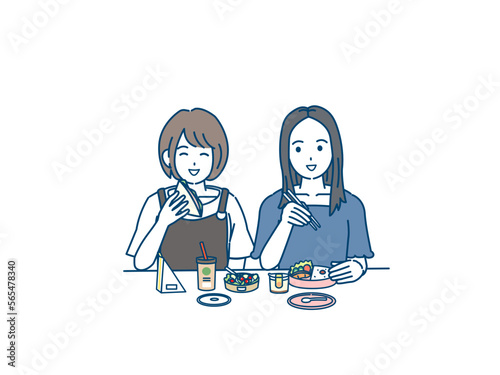 ランチを食べる若い女性のイラスト　大学生　女子大生