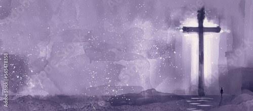 Foto Christian Cross and man. Lent Season. Watercolor banner.