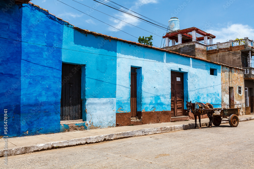 Old blue colonial houses in the center of Trinidad, Cuba, Caribbean