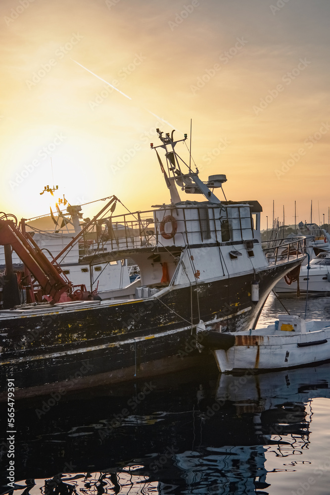 Fototapeta premium Beautiful evening cinematic photo, visible mountains, sunset, clouds and yellow sky, sea, boats in shadow, harbor, many boats at the pier, sun glare and water reflecting ships