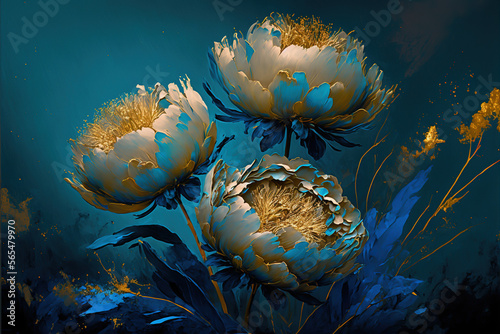 Abstract impressionism style landscape with blue peonies and golden brush strokes  Generative Ai