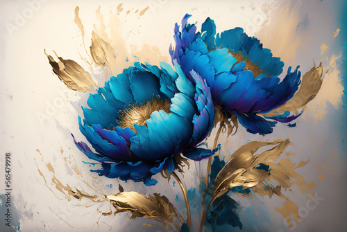 Abstract impressionism style landscape with blue peonies and golden brush strokes, white background,  Generative Ai