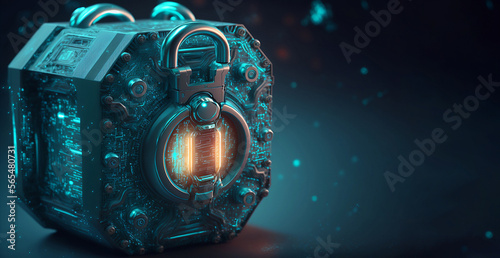The concept of cybersecurity. A database in a microchip case. The PC of the future. Bitcoin storage and protection. Generative AI.