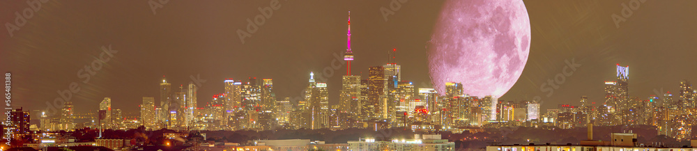 Moon crescent at Toronto center, city skyline. Night GTA city view in ...