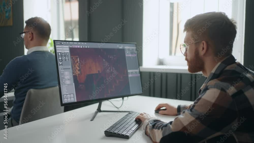 man creating level design for computer game, game developer working on computer, 3D design man creating level design for computer game, game developer working on computer, 3D design