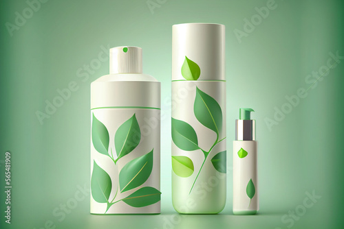 Naturkosmetik: Leere, weiße Kosmetiktube mit Blättern im Hintergrund. Mock-up Flasche für Etikett - Generative Ai