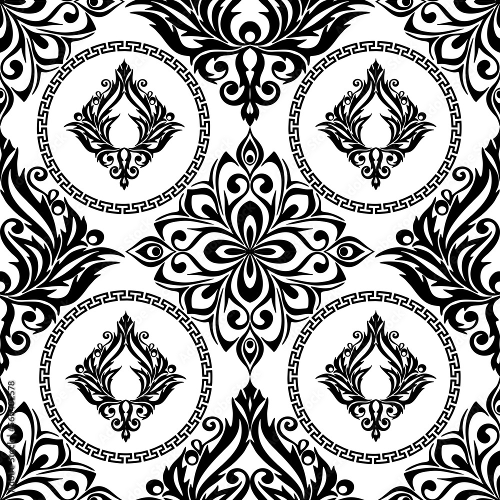 seamless graphic pattern, tile with abstract geometric black ornament on white background, texture, design