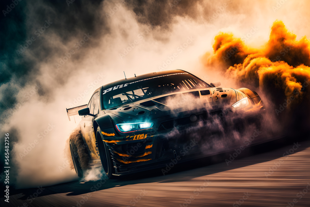 Car drifting image diffusion race drift car with lots of smoke