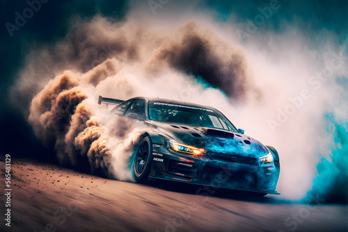 Fotografiet Car drifting image diffusion race drift car with lots of smoke from burning tire