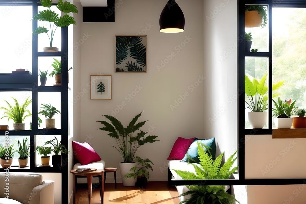 Modern lit luxury interior with many potted plants and  sitting area with desk and plants and a couch and wood floor, windows with natural light rays and long shadows.