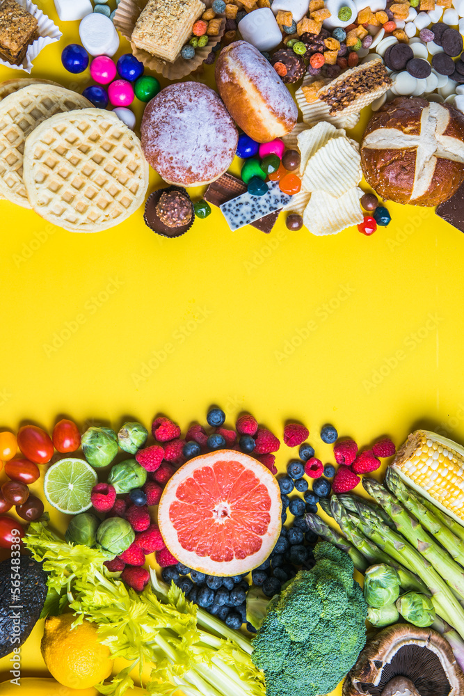 The concept of healthy and unhealthy food. Top view of fast food and sweets - fruits and vegetables