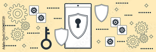 Mobile phone protection, computer security, access control flat contour style vector concept illustration