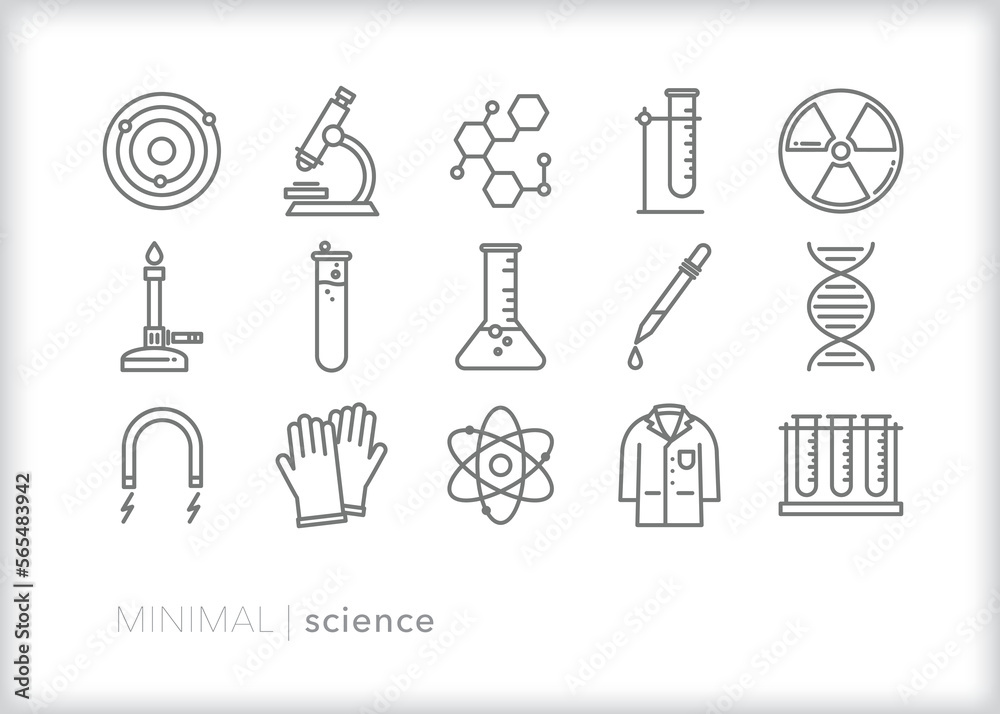 Set of science line icons for students learning in a school laboratory ...