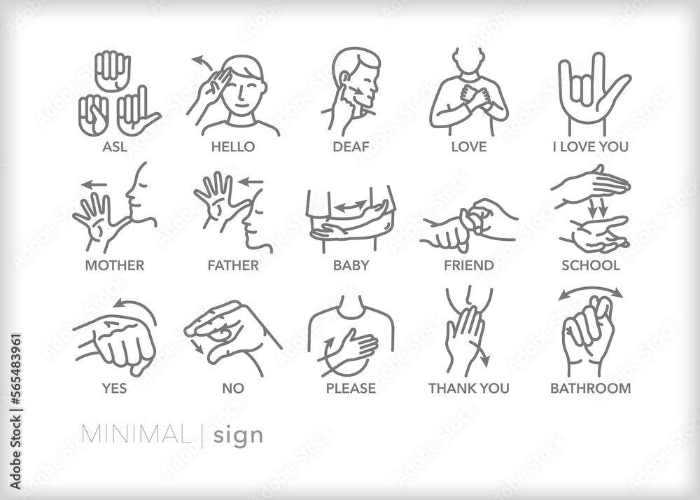 Set Of Common Asl American Sign Language Words Depicted As Line Icons