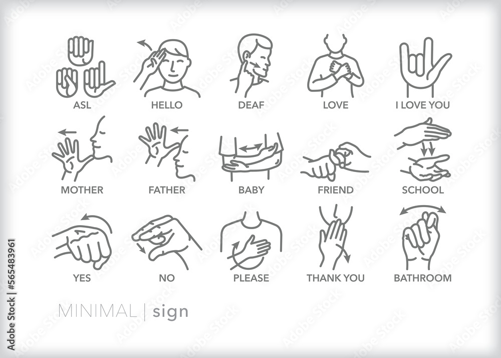 Set Of Common ASL American Sign Language Words Depicted As Line Icons 