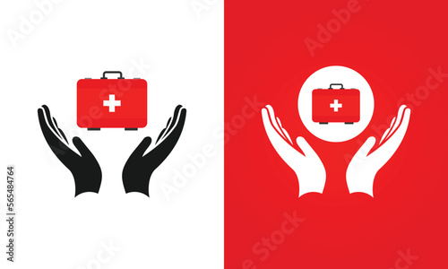 Hands holding First aid kit, Medical bag Icon holding by hands