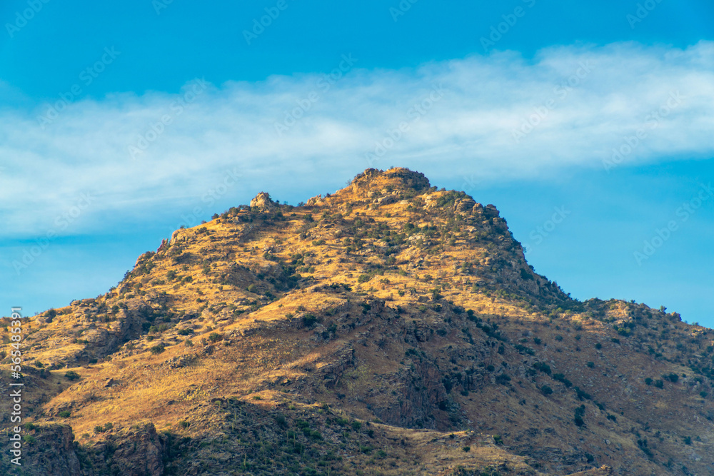 Lone moutain peak in the sonora desert of southwestern america in united states arizona with foliage and grasses