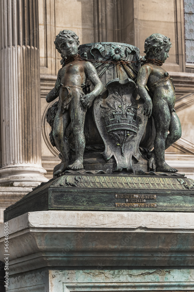 Architectural fragments of City Hall of Paris (Hotel de Ville de Paris) neo-renaissance style building - seat of the Paris City Council since 1357. Paris, France.