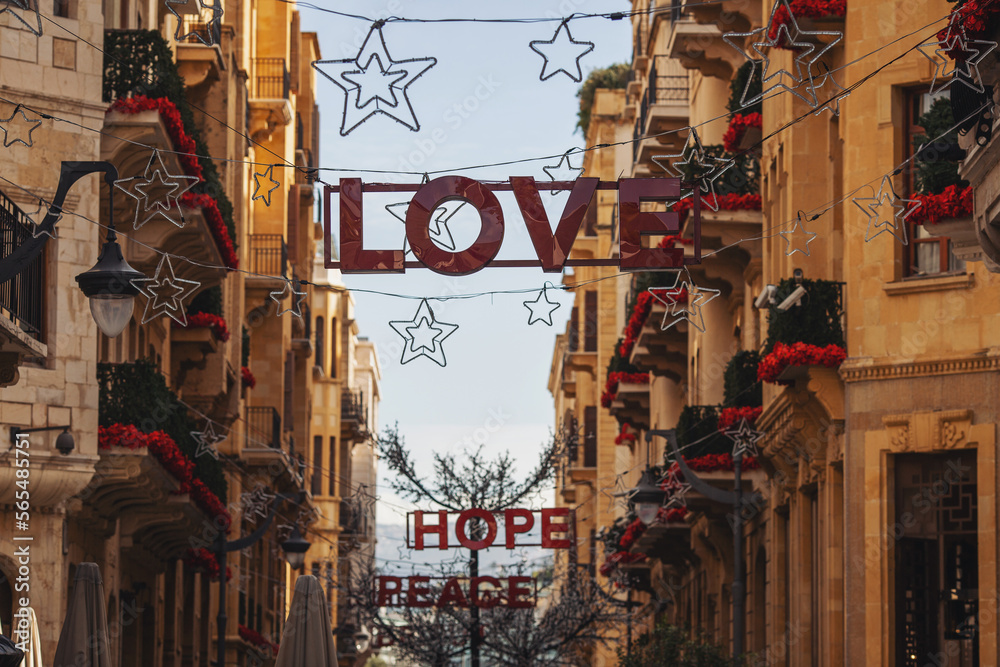 Fototapeta premium Beirut, Lebanon, El Moutran sterrt in the souk of Beirut with red decoration: 