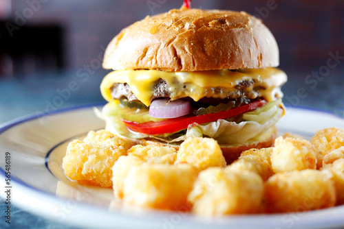 Close-up of burger with chicken nuggets served in plate on table photo