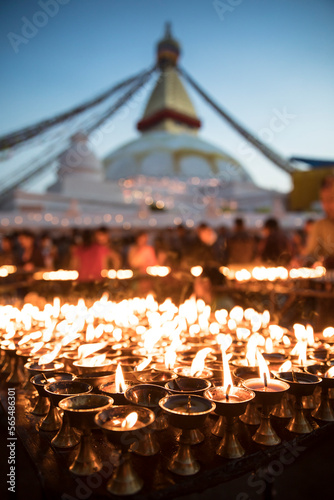 Lit candles at Boudhanath Temple in Kathmandu on Buddhas birthday celebration, Nepal photo