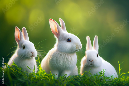 Drei weiße Hasen im Gras mit Bokeh im Hintergrund- Generative AI