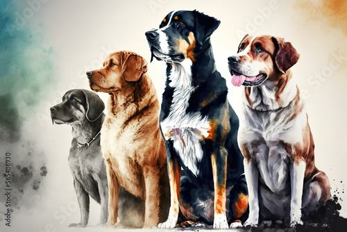 Four dogs posing in row with watercolor. Digital art design painting like. Generative AI Illustration