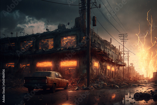 Fotografia, Obraz Apocalyptic view of burning city buildings, post apocalypse after world war, gen