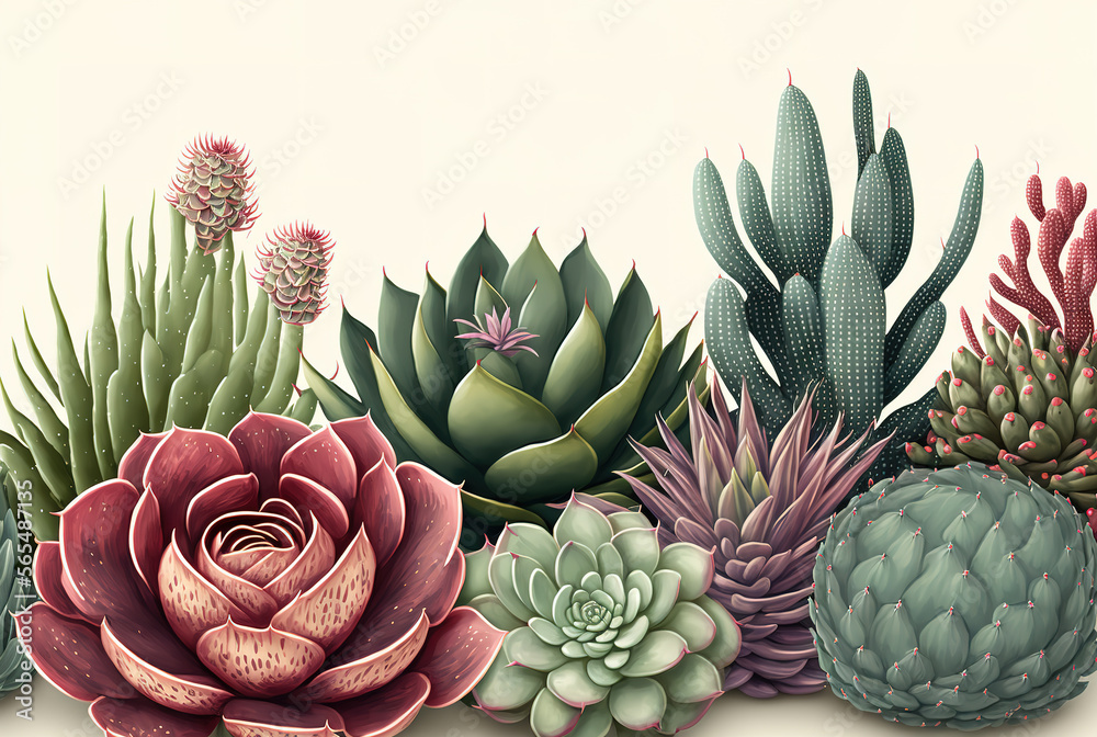 Fototapeta premium Succulent plant composition banner. Generative AI Illustration