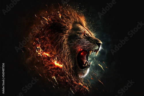 roaring mighty fantasy lion with flames and glowing lights, black background,generative ai photo