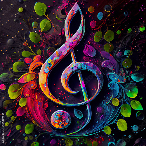 Close-up surreal colorful treble clef with plants. AI Generative..