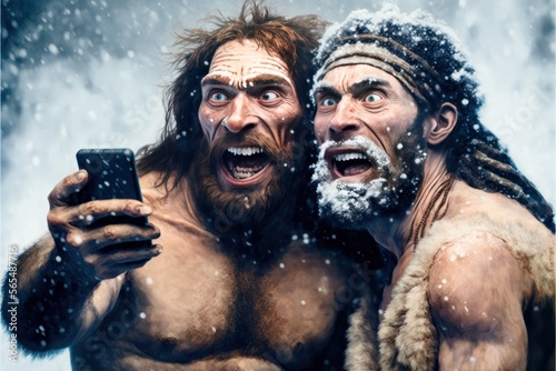 Two Neanderthals Sapiens very excited taking a selfie in the snow. Generative AI