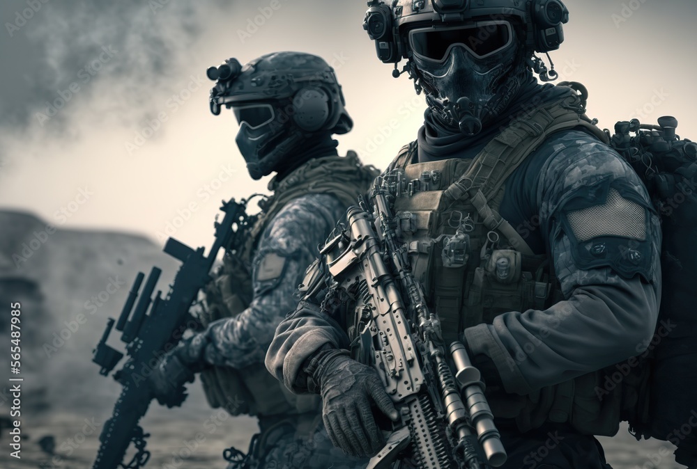 Two AI generated soldiers in action and smoke in the background (no real people - Game) Two AI generated soldiers in action and smoke in the background (no real people - Game)