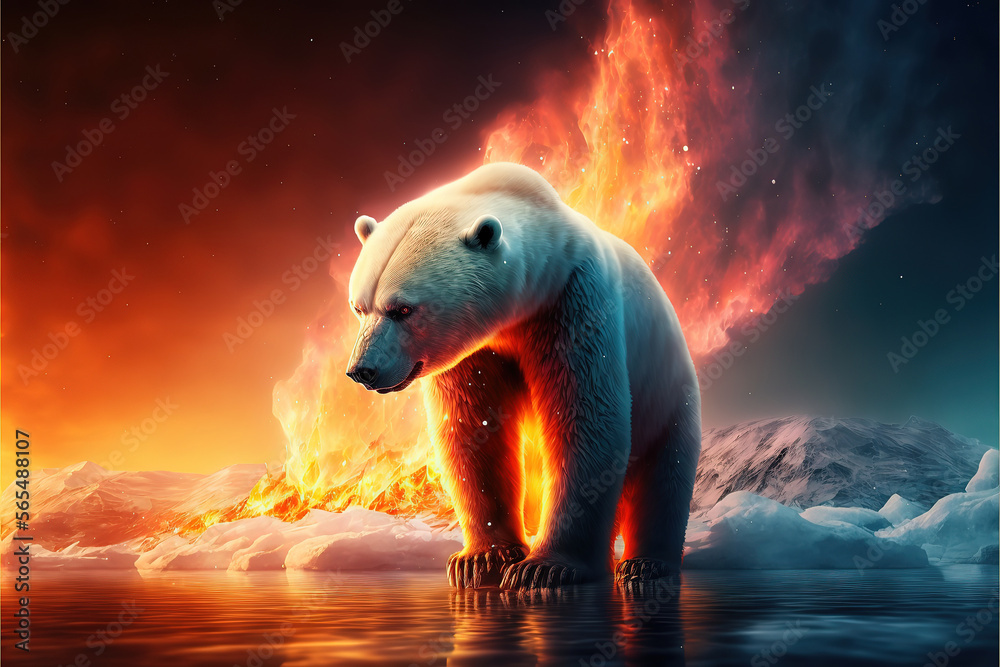 Polar Bear standing on melting ice cap, climate change and global warming concept, ai generative - obrazy, fototapety, plakaty 