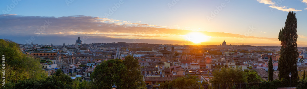Ancient Historic City in Europe. Rome, Italy. Colorful Sunset Sky. Panorama