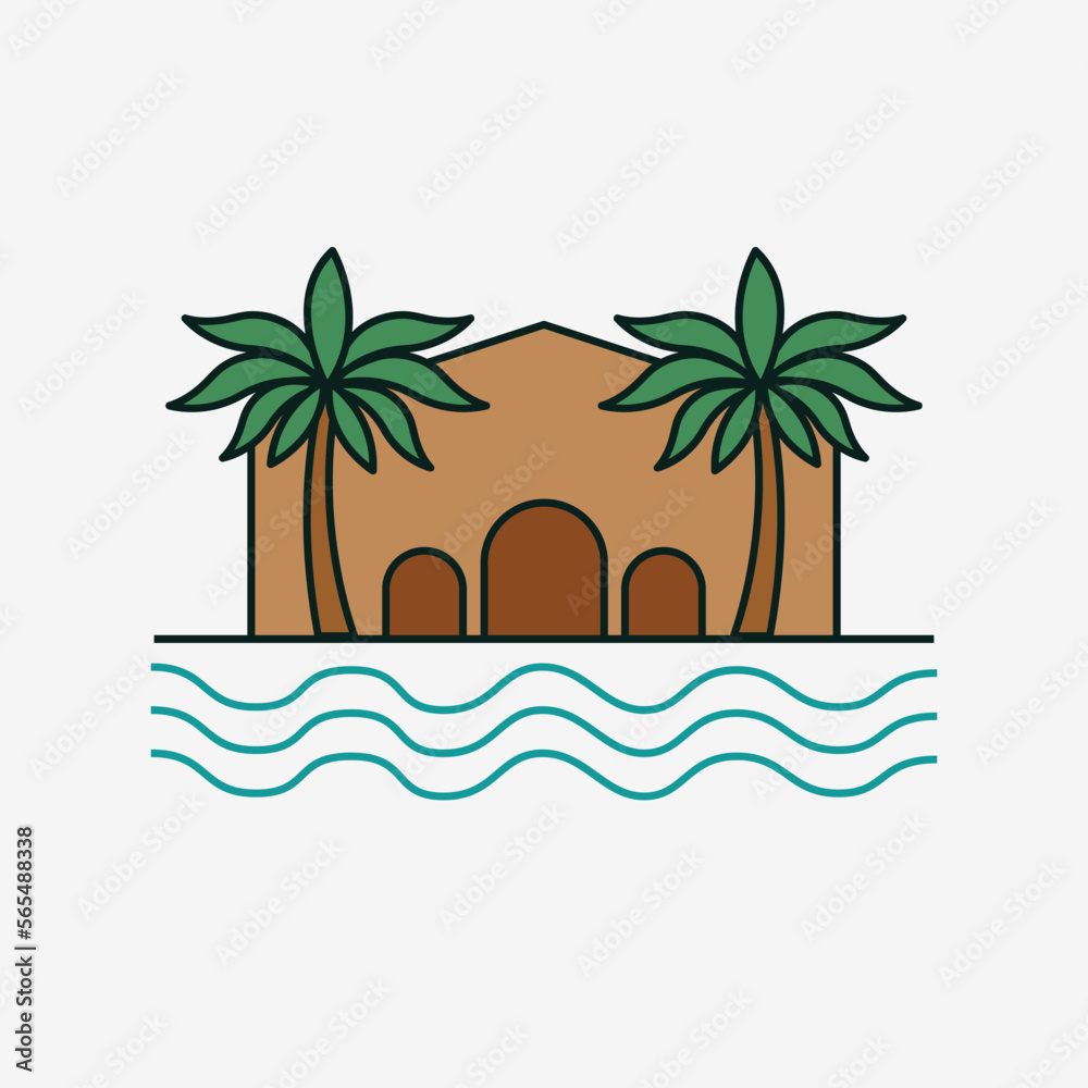 House and palms illustration. Vector graphic which represents a house on the beach with palms. 