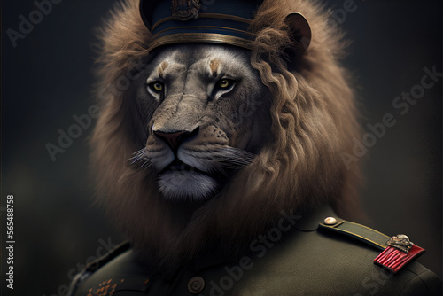 Portrait of a lion in a military uniform ready serve and protect  on a dark background  generative ai