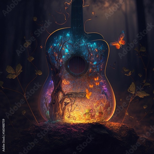 Acoustic guitar grown into enchanted forest, roots and branches. AI generative art, illustration generated by AI photo