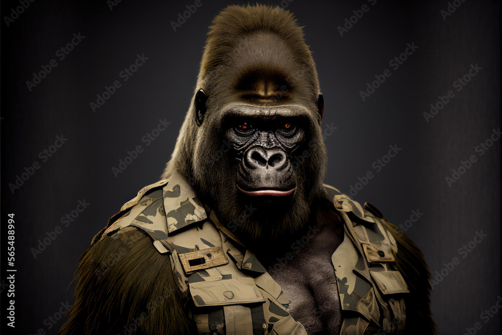 Portrait of a Gorilla in a military uniform ready serve and protect, on a dark background, generative ai Portrait of a Gorilla in a military uniform ready serve and protect, on a dark background, generative ai