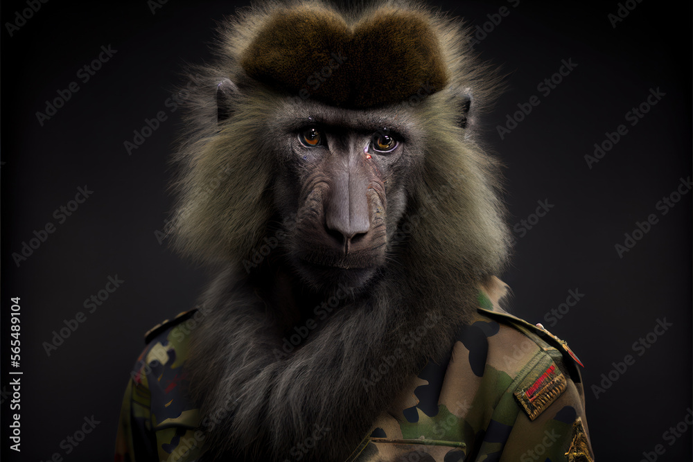 Portrait of a baboon in a military uniform ready serve and protect, on a dark background, generative ai Portrait of a baboon in a military uniform ready serve and protect, on a dark background, generative ai