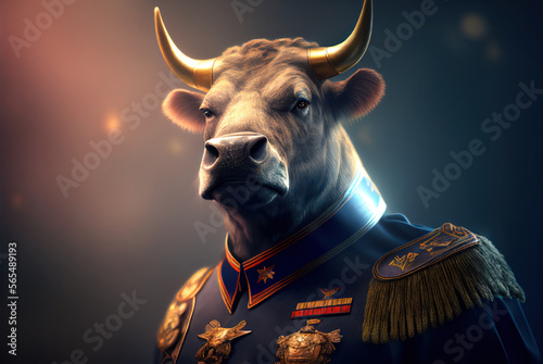 Portrait of a bull in a military uniform ready to serve and protect, on a dark background, generative ai photo