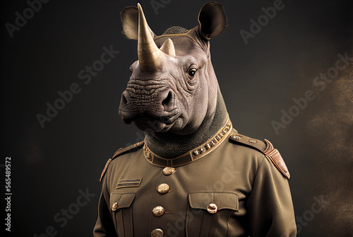 Portrait of a rhinoceros in a military uniform ready to serve and protect, on a dark background, generative ai